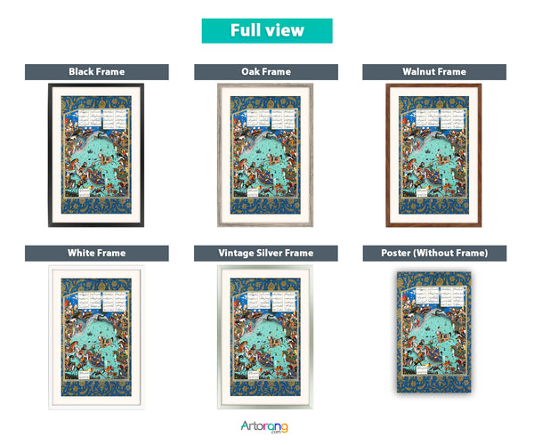 Persian miniature art from the Shahnameh by Ferdowsi, available with frame and range of color options