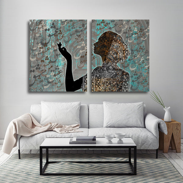 2 Piece Gallery Wrapped Canvas Wall Art | A prayer for love | Girl with Persian Pattern | Persian Wall Art Canvas Art | Arabic Wall Art - Artorang
