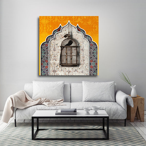 Living Outside of Bird Cages Wall Art Mustard Version | Middle Eastern Modern and Contemporary art | Persian art | Arabic art | Persian Gift - Artorang