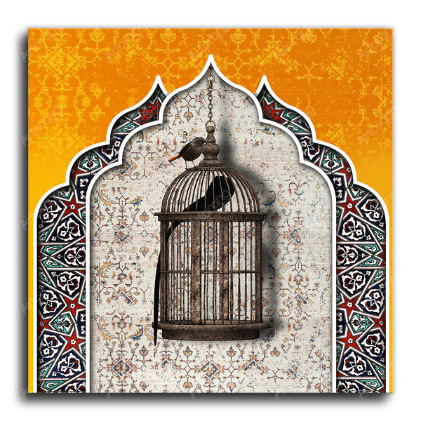Living Outside of Bird Cages Wall Art Mustard Version | Middle Eastern Modern and Contemporary art | Persian art | Arabic art | Persian Gift - Artorang