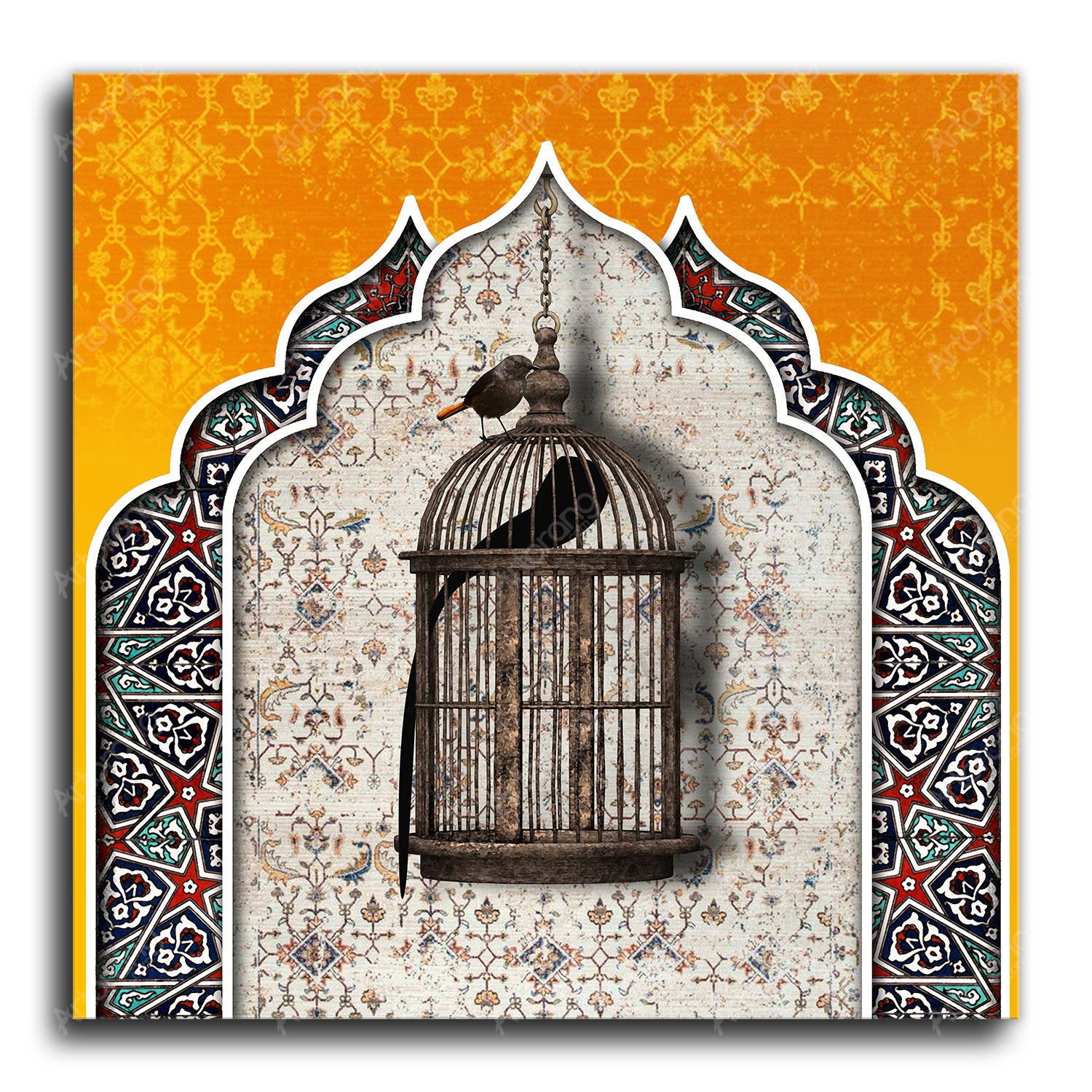 Living Outside of Bird Cages Wall Art Mustard Version | Middle Eastern Modern and Contemporary art | Persian art | Arabic art | Persian Gift - Artorang