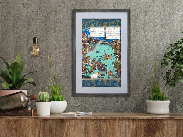Persian miniature art from the Shahnameh by Ferdowsi, available with frame and range of color options